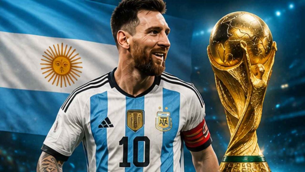 Argentina national football team star player with the FIFA World Cup trophy and Argentina flag as defending champions before the 2026 FIFA World Cup.