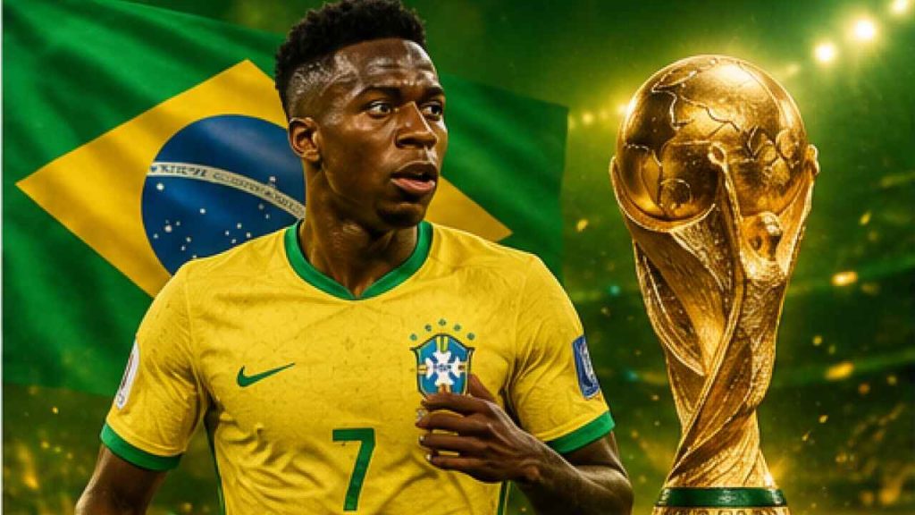 Brazil national football team star player with the FIFA World Cup trophy and Brazilian flag showcasing their quest for a sixth World Cup title.