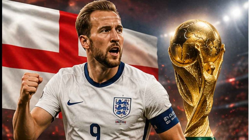 England national football team star player posing with the FIFA World Cup trophy and England flag ahead of the FIFA World Cup 2026.