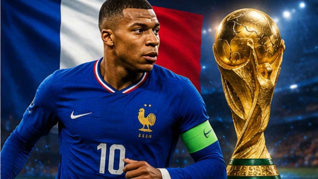 France national football team star player standing beside the FIFA World Cup trophy with the French flag in the background ahead of the 2026 World Cup.