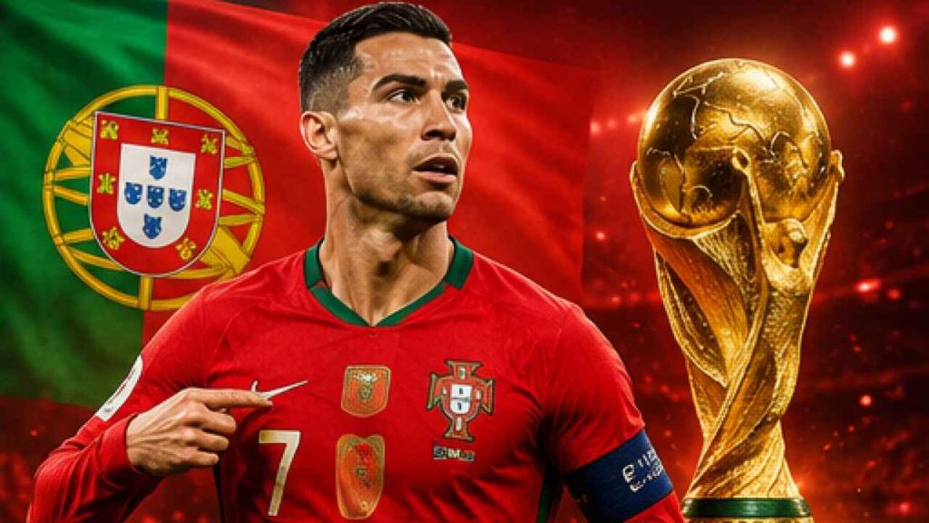 Portugal national football team star player with the FIFA World Cup trophy and Portugal flag during the FIFA World Cup 2026 title race.