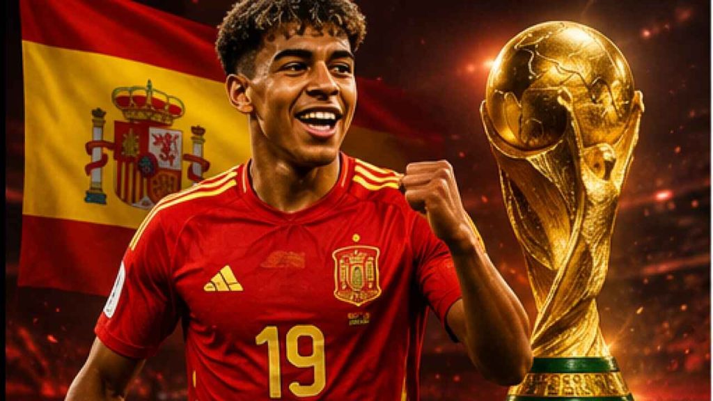 Spain national football team star player with the FIFA World Cup trophy and Spanish flag representing their 2026 World Cup title ambitions.